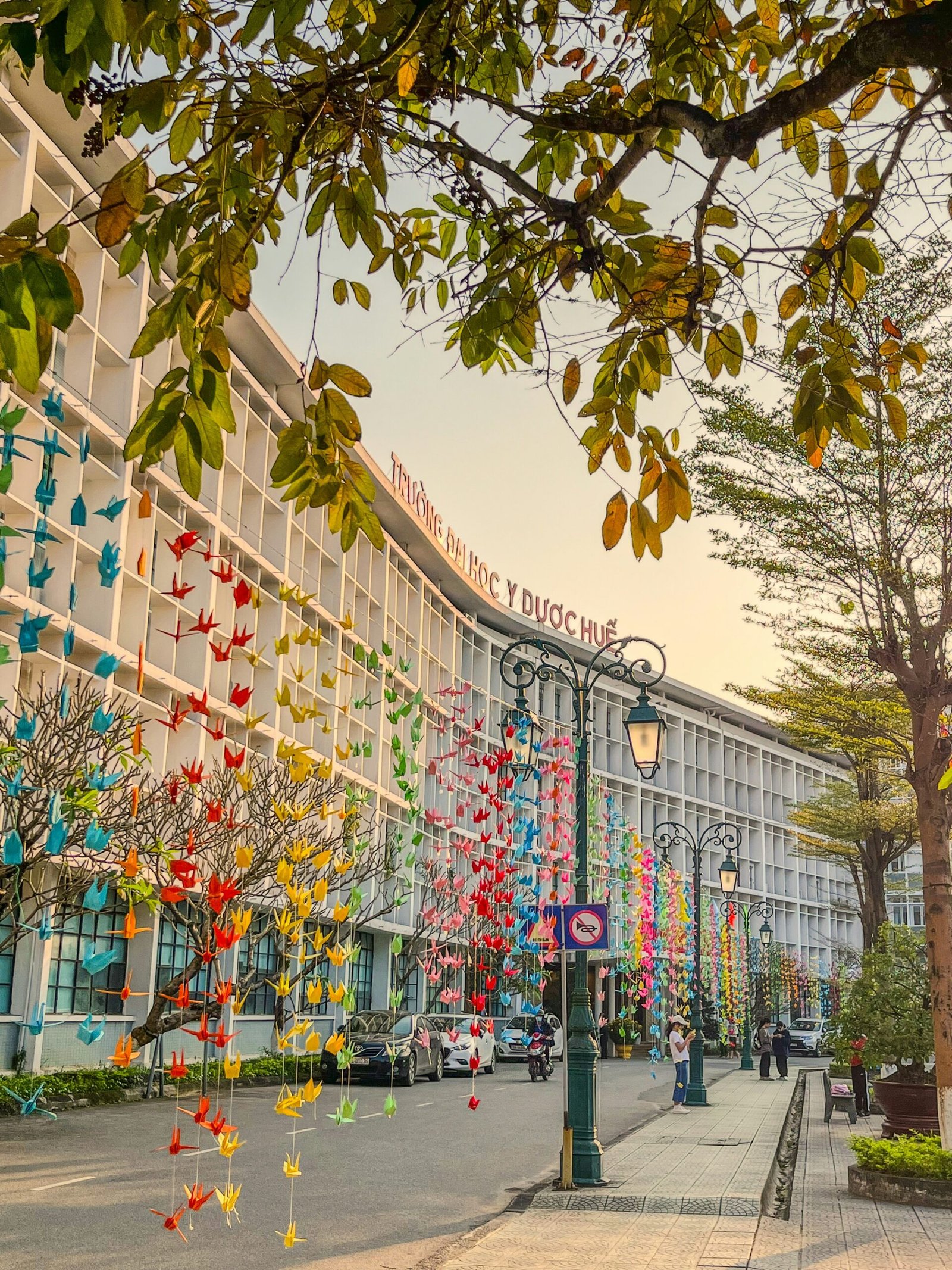 a large building with a lot of decorations hanging from it's sides